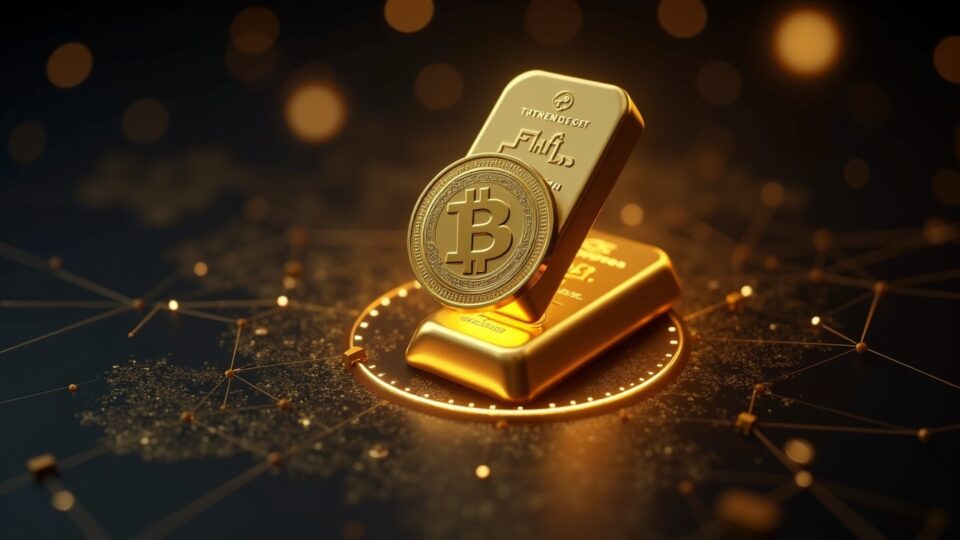 Lingote de oro digital DGLD flotando sobre una bóveda suiza, respaldado por LBMA, con rejilla digital y mapa blockchain.