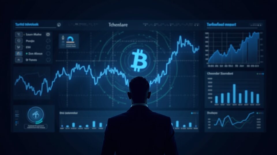 Figura ejecutiva frente a tablero neon de cripto (BTC/ETH) con icono de arancel dividendo, estilo redacción.