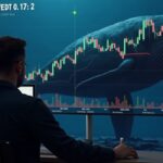Trader realista ante un escritorio con una gran pantalla que muestra el DOGE con secuencia de lower-low y resistencia en 0,17, con ballenas al fondo.