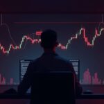 Trader enfocado observa gráfico de Dogecoin en 0,16, con paredes de venta rojas bloqueando la ruptura en un estudio moderno.