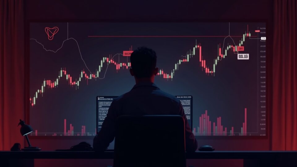 Trader enfocado observa gráfico de Dogecoin en 0,16, con paredes de venta rojas bloqueando la ruptura en un estudio moderno.