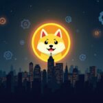 Logotipo de Dogecoin en primer plano sobre horizonte; logos de blue chips se desvanecen, con brillo tecnológico y ETF.