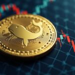 Dogecoin en primer plano con silueta de ballena sobre gráfico de precios y rejilla de blockchain, sugiriendo riesgo cripto.