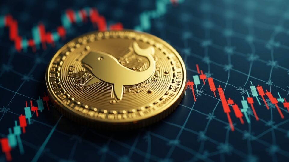 Dogecoin en primer plano con silueta de ballena sobre gráfico de precios y rejilla de blockchain, sugiriendo riesgo cripto.