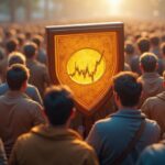 Multitud diversa de comerciantes minoristas protege Dogecoin, con iconos de LibDogecoin y GigaWallet, sugiriendo micropagos.