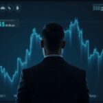 Trader en traje ante tablero de ETF cripto con DOGE y pequeños influjos; icono regulatorio desenfocado al fondo