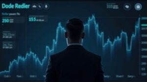 Trader en traje ante tablero de ETF cripto con DOGE y pequeños influjos; icono regulatorio desenfocado al fondo