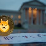 Logo de Dogecoin sobre un escritorio financiero, fondo borroso de la SEC y un reloj, simbolizando revisión regulatoria.