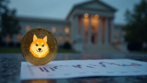 Logo de Dogecoin sobre un escritorio financiero, fondo borroso de la SEC y un reloj, simbolizando revisión regulatoria.