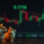 Dogecoin en primer plano con gráfico de Bitcoin al fondo, zona make-or-break cerca de 0,1719 y velas rojas y verdes.