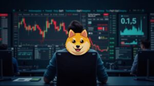 Escena de redacción financiera: trader enfocado, logo de Dogecoin superpuesto y gráfico rojo con cruce bajista y soporte en 0,15