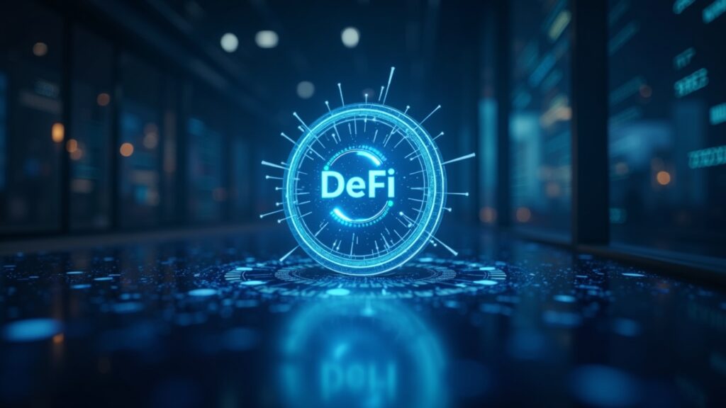 Ícono de dominio que se transforma en una red de tokens DeFi, sobre un fondo de sala de redacción cristalina