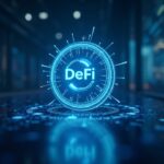 Ícono de dominio que se transforma en una red de tokens DeFi, sobre un fondo de sala de redacción cristalina