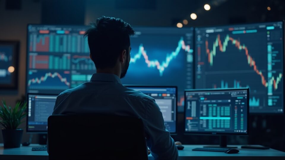 Analista central en un estudio moderno; dominancia de USDT al 6% reduce liquidez y Bitcoin cae, con paneles de datos iluminados.