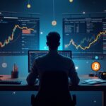 Mesa de trading fotorealista con BTC y altcoins, medidor USDT y gráficos de liquidez, símbolo de descentralización
