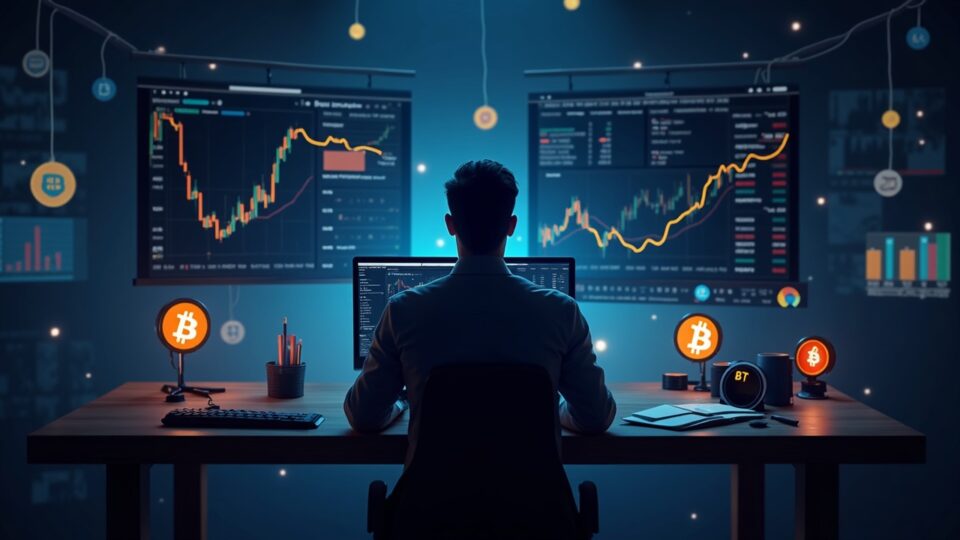 Mesa de trading fotorealista con BTC y altcoins, medidor USDT y gráficos de liquidez, símbolo de descentralización