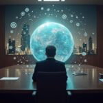Tribunal fotorealista: juez central, horizonte de Dubái y fichas holográficas TUSD rodeando un globo, congelación de 456 M.