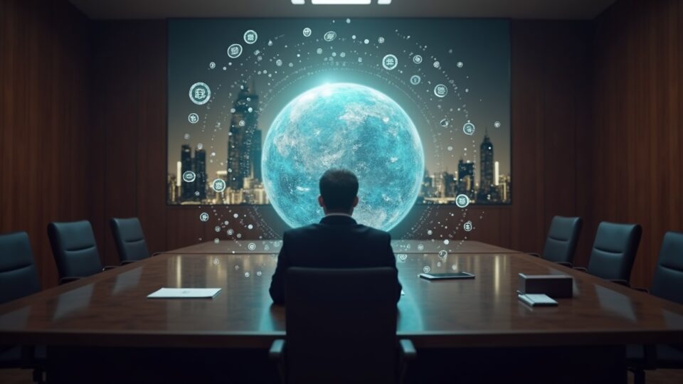 Tribunal fotorealista: juez central, horizonte de Dubái y fichas holográficas TUSD rodeando un globo, congelación de 456 M.