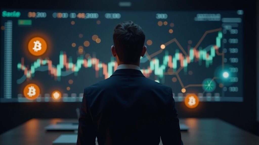 Ejecutivo central en piso de negociación, Bitcoin resplandeciente y gráficos en ascenso, sugiriendo tesorería cripto.
