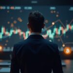 Ejecutivo central en piso de negociación, Bitcoin resplandeciente y gráficos en ascenso, sugiriendo tesorería cripto.