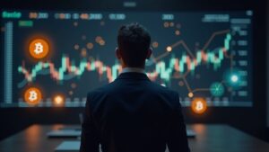 Ejecutivo central en piso de negociación, Bitcoin resplandeciente y gráficos en ascenso, sugiriendo tesorería cripto.