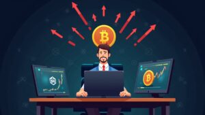 Escena de escritorio de trading cripto, caída de BTC y ETH, gestor preocupado y flechas rojas hacia un logo de etp, nodos blockchain en el fondo.