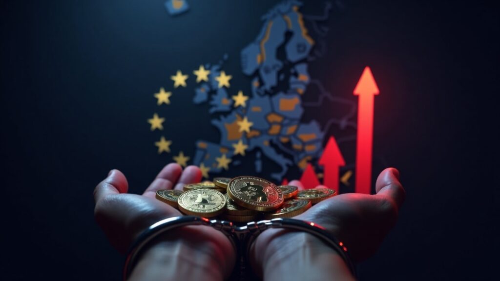 Monedas de criptomonedas esposadas frente a un mapa de Europa, insignia policial y flechas rojas simbolizando acción regulatoria.