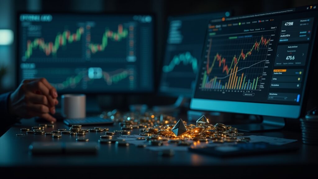 Escena central de escritorio de tesorería con ETH fluyendo hacia un hub OTC y un tablero de pérdidas de $479M.