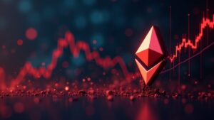 Logo de ETH inclinándose sobre un gráfico de precios rojo, con flujos de ETF como corrientes y un analista en una redacción de noticias cripto.