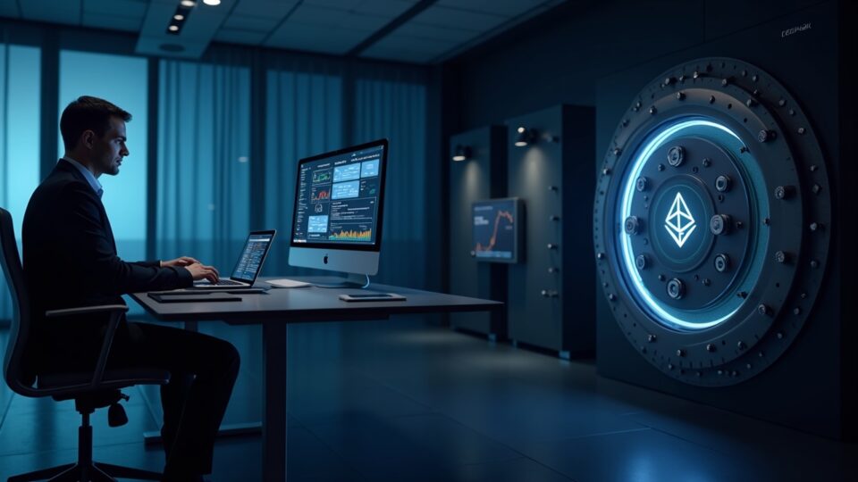 Profesional ante panel DeFi con logo de Ethereum y una bóveda, simbolizando ahorros on-chain seguros.