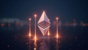 Logo fotorealista de Ethereum centrado con cuatro pilares brillantes que representan los cuatro factores clave.