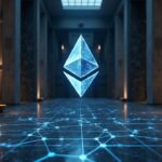 Lobby de banco europeo con logo de Ethereum y visuales de Layer 2, reflejando adopción institucional de ETH