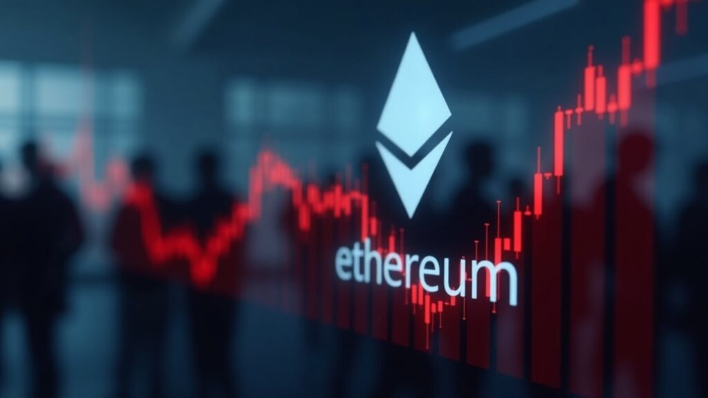 Logo de Ethereum reflejado en pantalla de cristal, caída de precio y siluetas borrosas que sugieren presión de mercado.