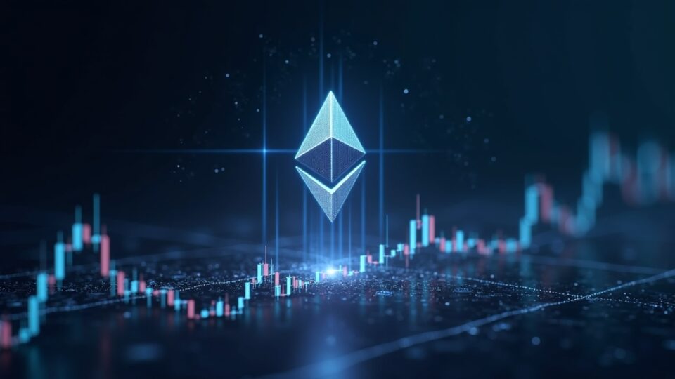 Logo de Ethereum asciende desde 3.053 hacia 4.000 en un gráfico, rodeado de traders y flujos de datos holográficos.