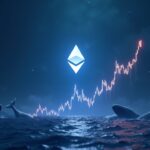 Logotipo de Ethereum en el centro con un gráfico de precios al alza, soporte en 3400 y siluetas de ballenas