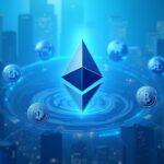 Logo de Ethereum en centro, rodeado de stablecoins y tokens de activos tokenizados, con fondo de distrito financiero.
