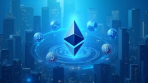 Logo de Ethereum en centro, rodeado de stablecoins y tokens de activos tokenizados, con fondo de distrito financiero.