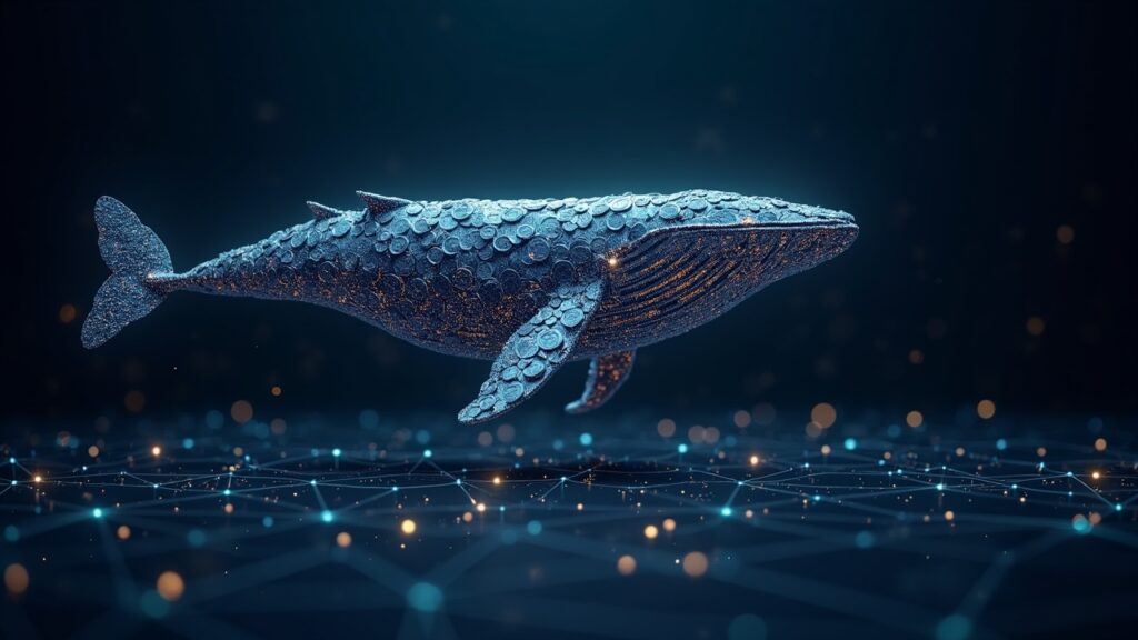 Ballena gigante de Ethereum formada por monedas ETH brillantes sobre un panel financiero moderno con líneas de red blockchain.