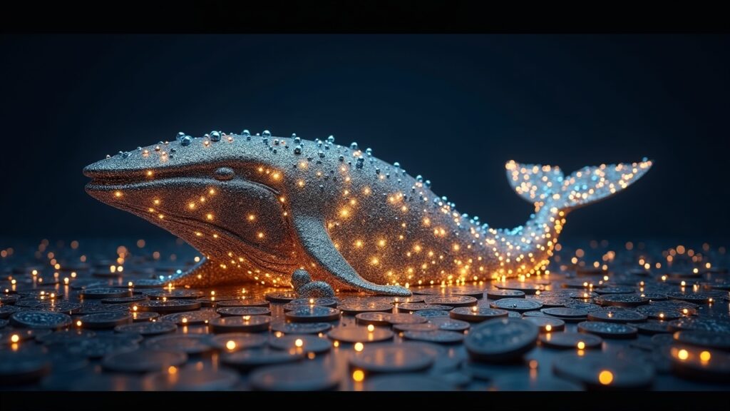 Escultura realista de una ballena de Ethereum, creada con monedas y nodos, junto a un gráfico de precios cercano a 3000 USD.