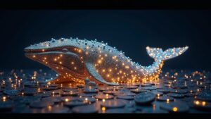 Escultura realista de una ballena de Ethereum, creada con monedas y nodos, junto a un gráfico de precios cercano a 3000 USD.