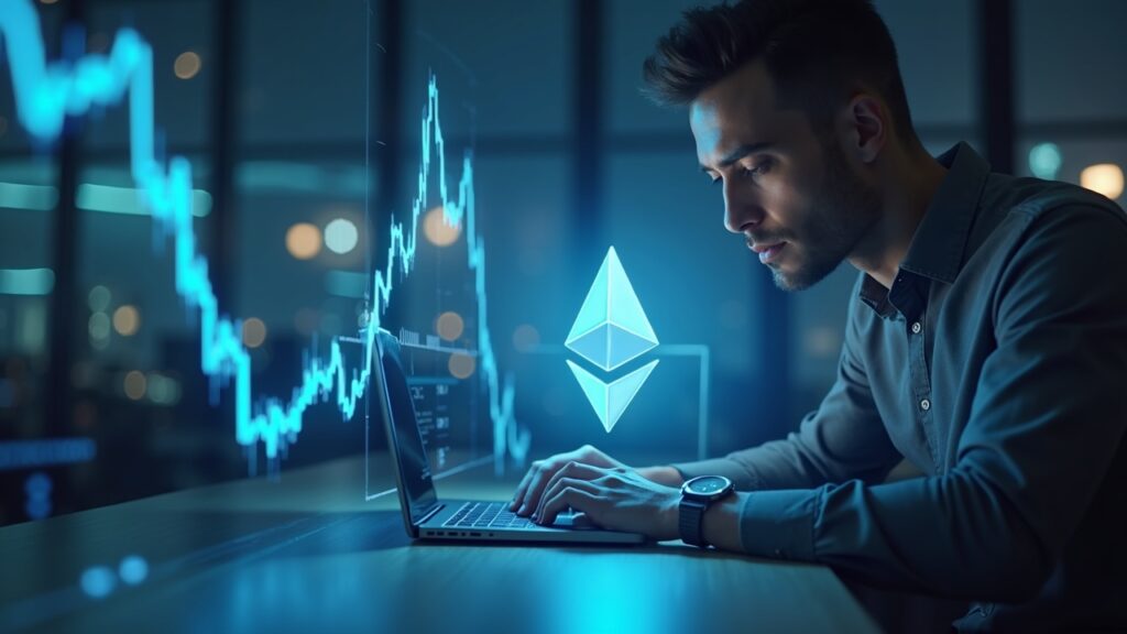 Inversionista profesional en oficina observa grafico hologografico de Ethereum al alza con el logo ETH simbolo de acumulacion institucional
