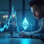 Inversionista profesional en oficina observa grafico hologografico de Ethereum al alza con el logo ETH simbolo de acumulacion institucional