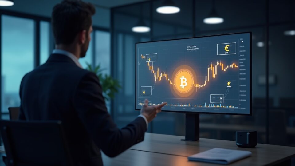 Sala de juntas fotorrealista: ejecutivo presenta emisión de acciones preferentes en euros; gráficos de Bitcoin y euro.