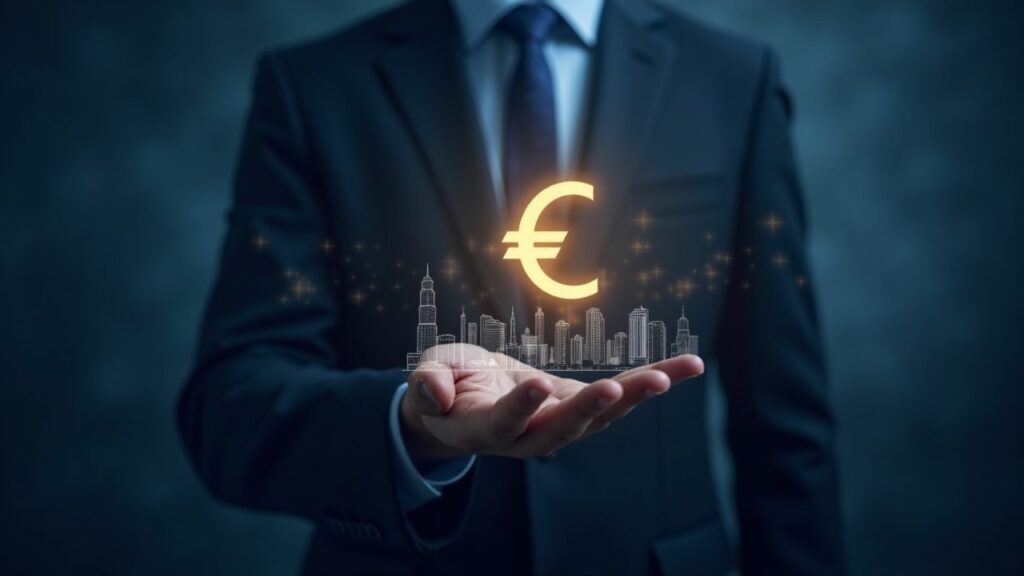 Líder europeo sostiene un icono luminoso del euro digital; se ve la silueta de la skyline estadounidense y flujos de datos.