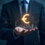 Líder europeo sostiene un icono luminoso del euro digital; se ve la silueta de la skyline estadounidense y flujos de datos.