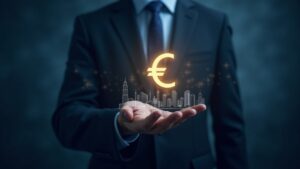 Líder europeo sostiene un icono luminoso del euro digital; se ve la silueta de la skyline estadounidense y flujos de datos.