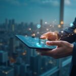 Vistazo cercano a cartera de criptomonedas en tablet, con iconos de stablecoins y líneas multichain frente a skyline latino.