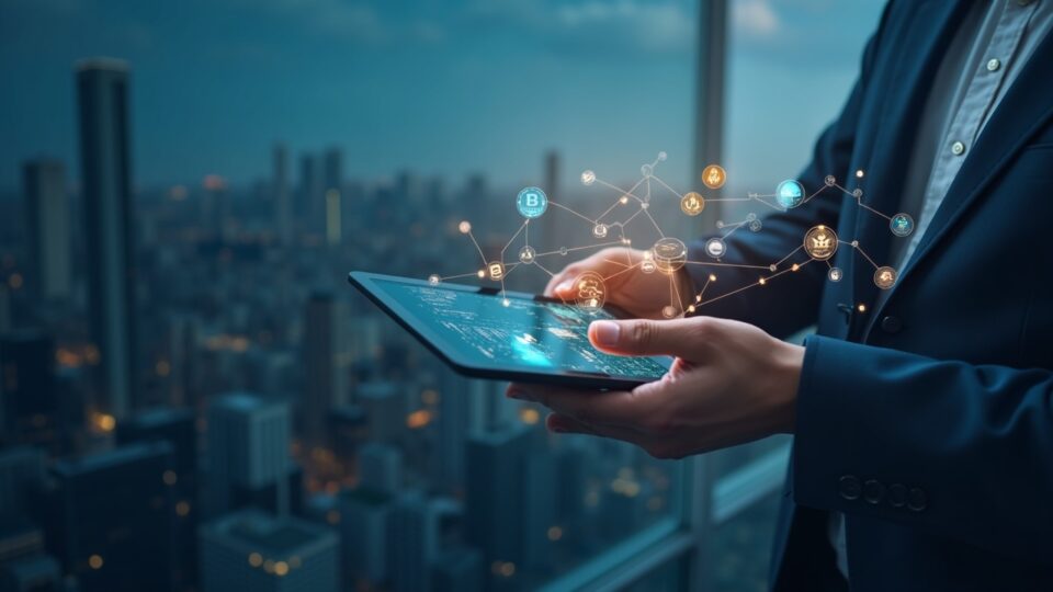 Vistazo cercano a cartera de criptomonedas en tablet, con iconos de stablecoins y líneas multichain frente a skyline latino.