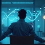 Ejecutivo en una oficina fintech, con logotipos de Solana, gráficos de cobertura y stablecoins, y branding de OpenTrade y Crypto.com.