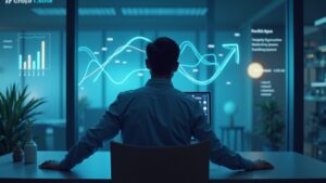 Ejecutivo en una oficina fintech, con logotipos de Solana, gráficos de cobertura y stablecoins, y branding de OpenTrade y Crypto.com.